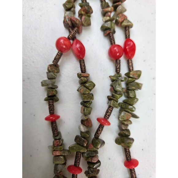 Vintage Handcrafted Necklace & Earring Set Red & Green Stone  With Toggle Clasp - Picture 9 of 10